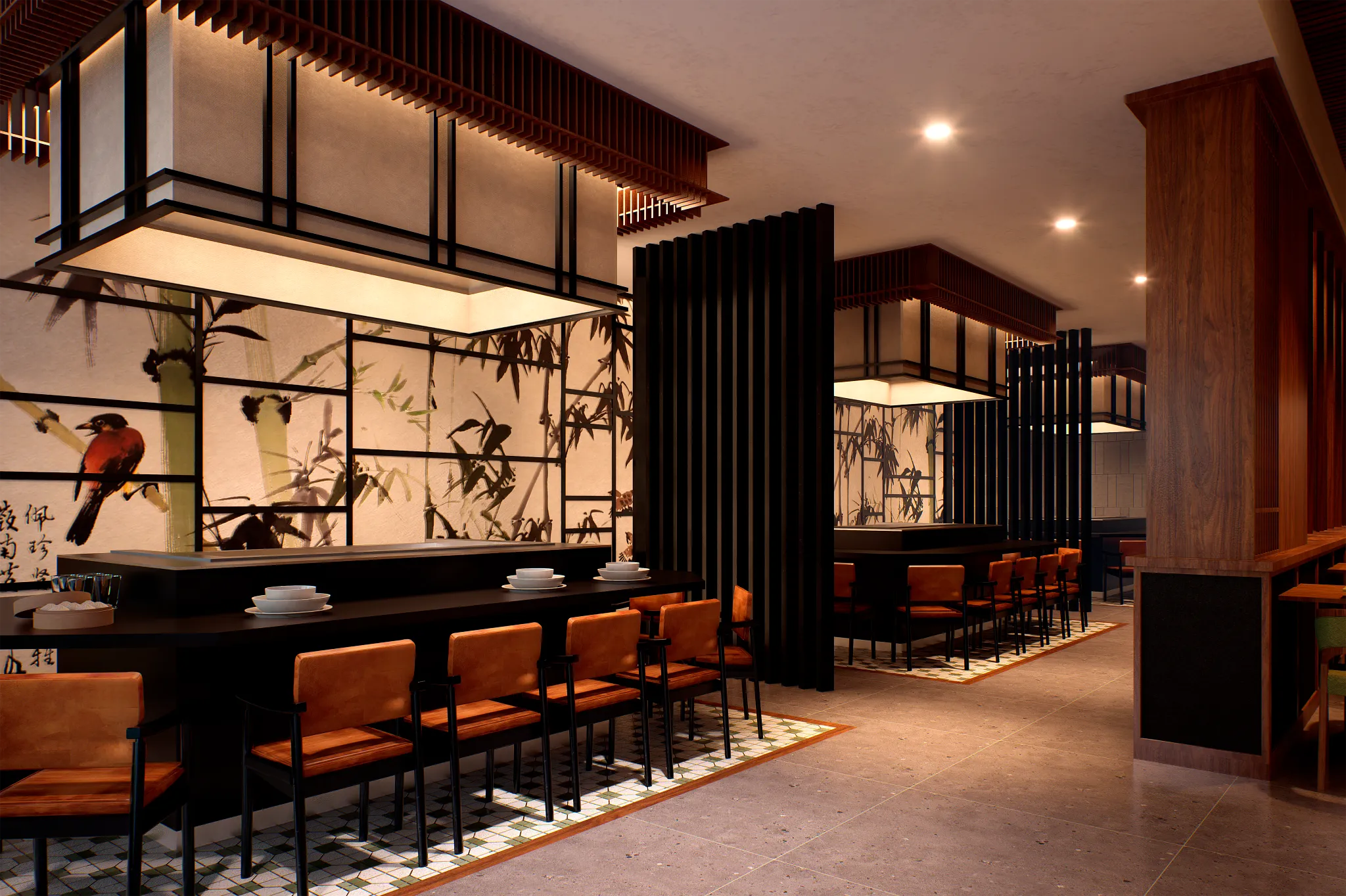 Akari restaurant at Hyatt Vivid Punta Cana featuring modern Asian-inspired design, elegant lighting, and a refined dining atmosphere.