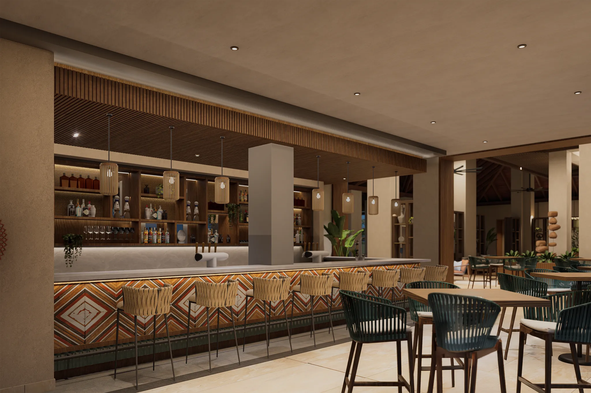 Bloom restaurant at Hyatt Vivid Punta Cana featuring bright, garden-inspired décor, natural textures, and a fresh, airy dining atmosphere.