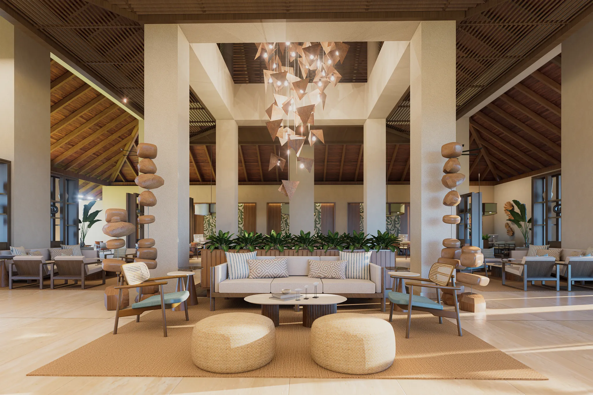 Resort lobby seating area with modern chandelier and tropical décor at Hyatt Vivid Punta Cana.