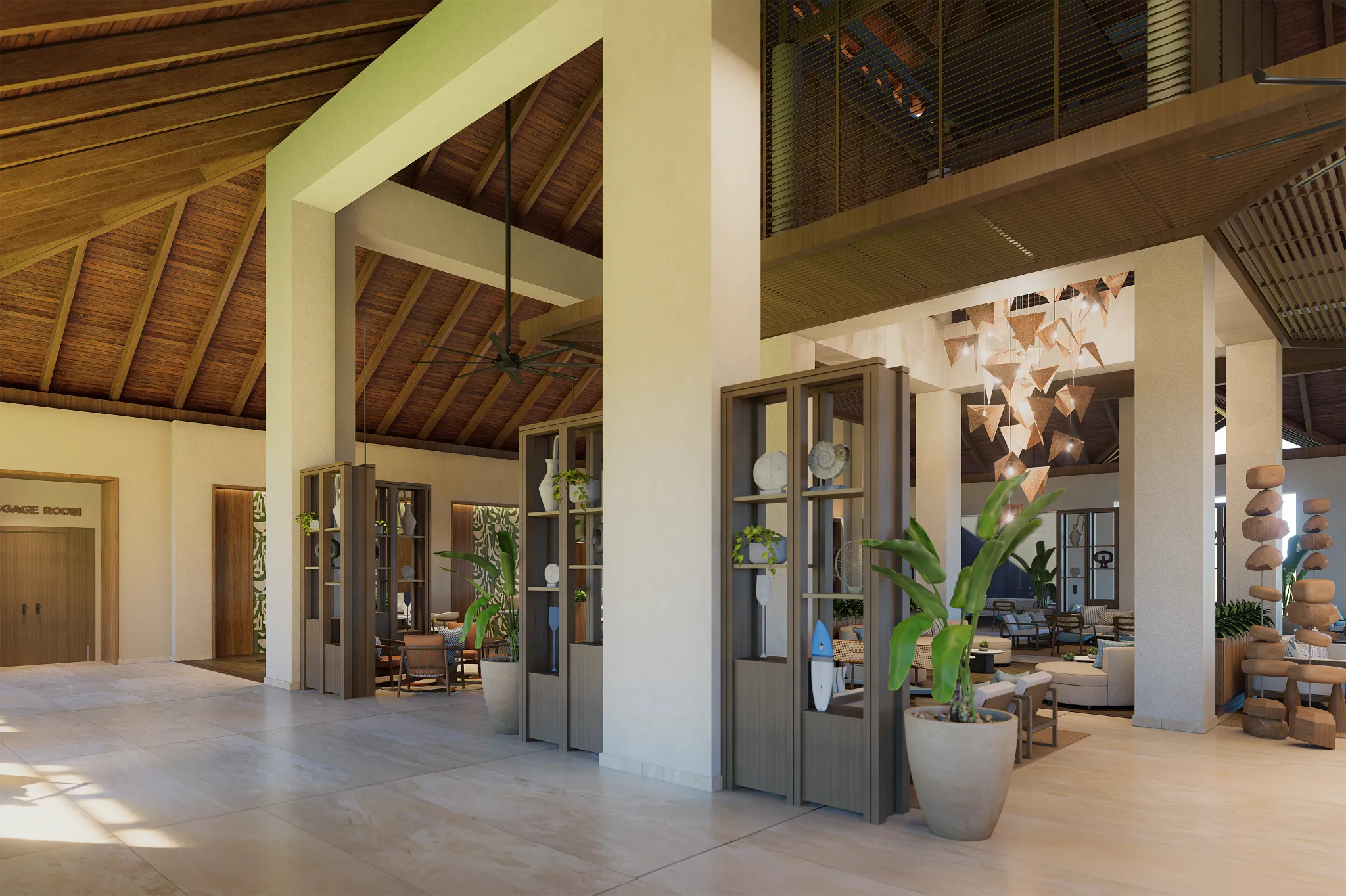 Spacious resort lobby with seating areas, wooden accents, and tropical décor at Hyatt Vivid Punta Cana.