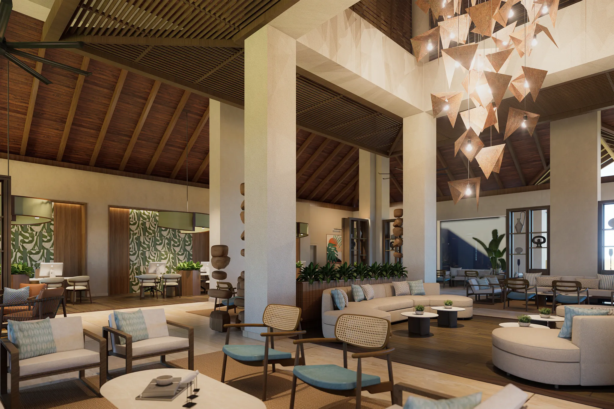 High-ceiling lobby lounge with contemporary furniture and tropical design at Hyatt Vivid Punta Cana.