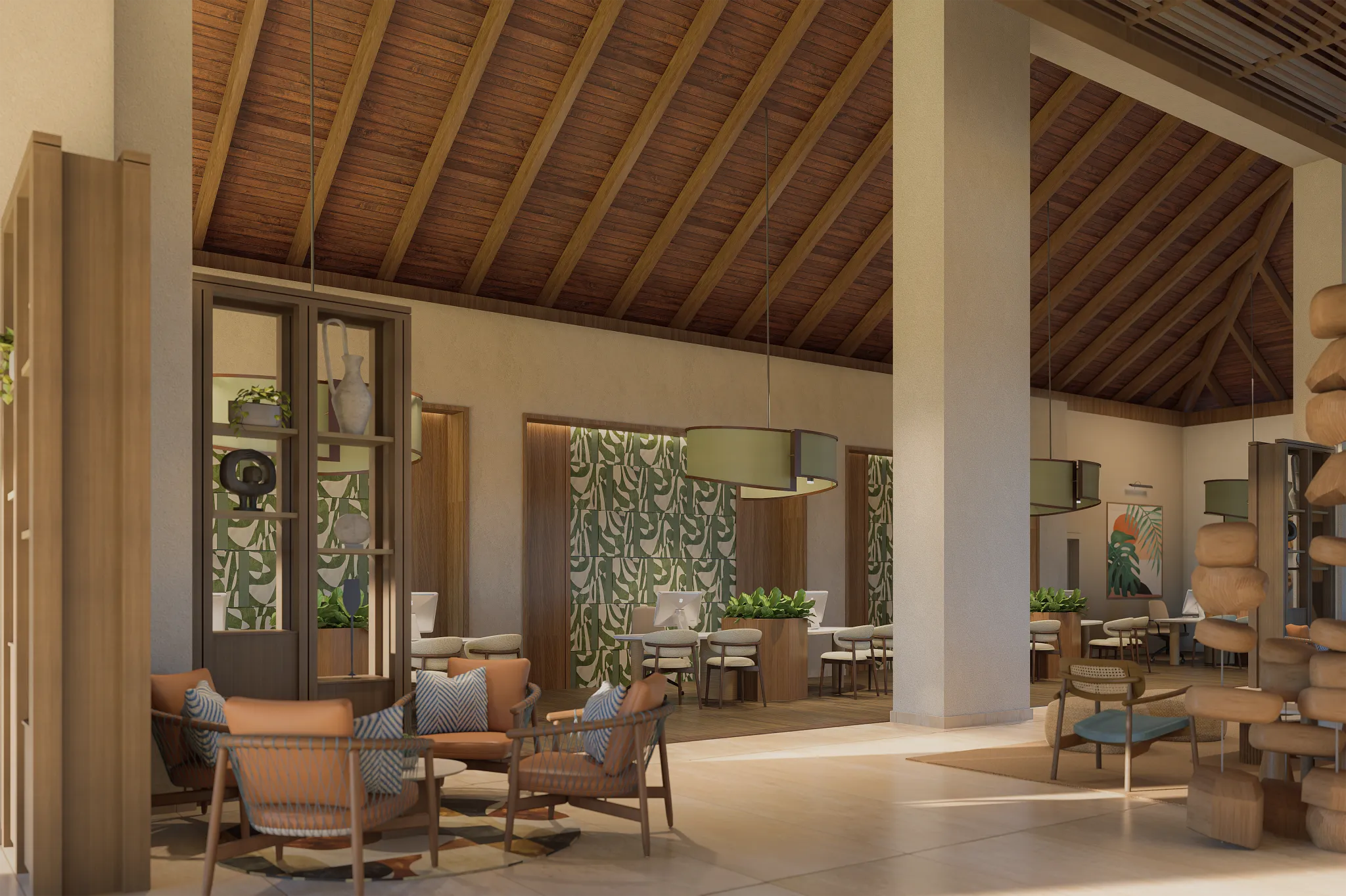 Elegant open-air lobby lounge with modern seating and tropical design at Hyatt Vivid Punta Cana.