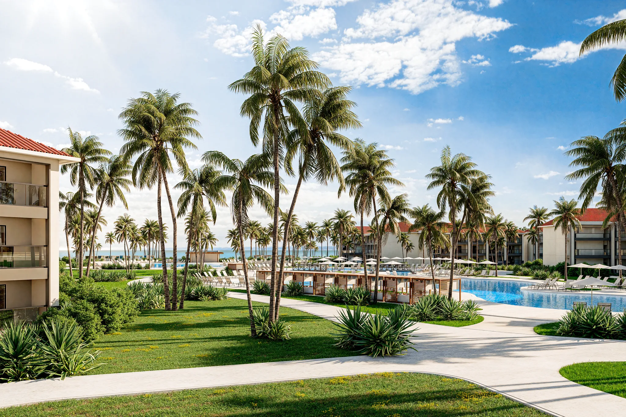Resort pool area with palm trees, lounge chairs, and walking paths at Hyatt Vivid Punta Cana.
