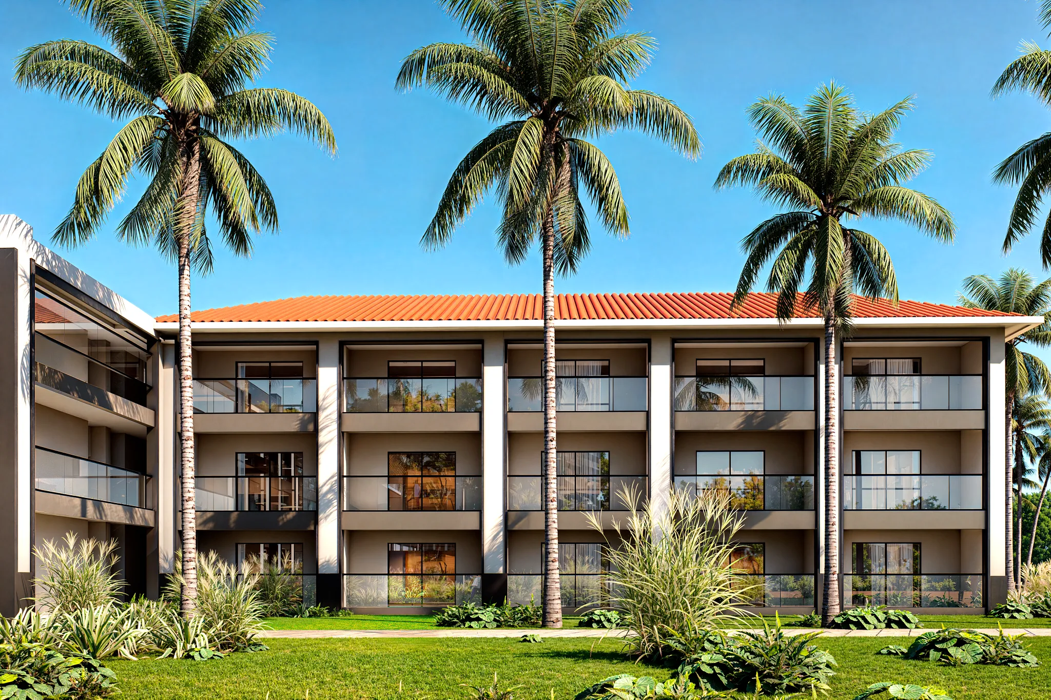 Modern resort building surrounded by palm trees at Hyatt Vivid Punta Cana, featuring tropical landscaping and private balconies.