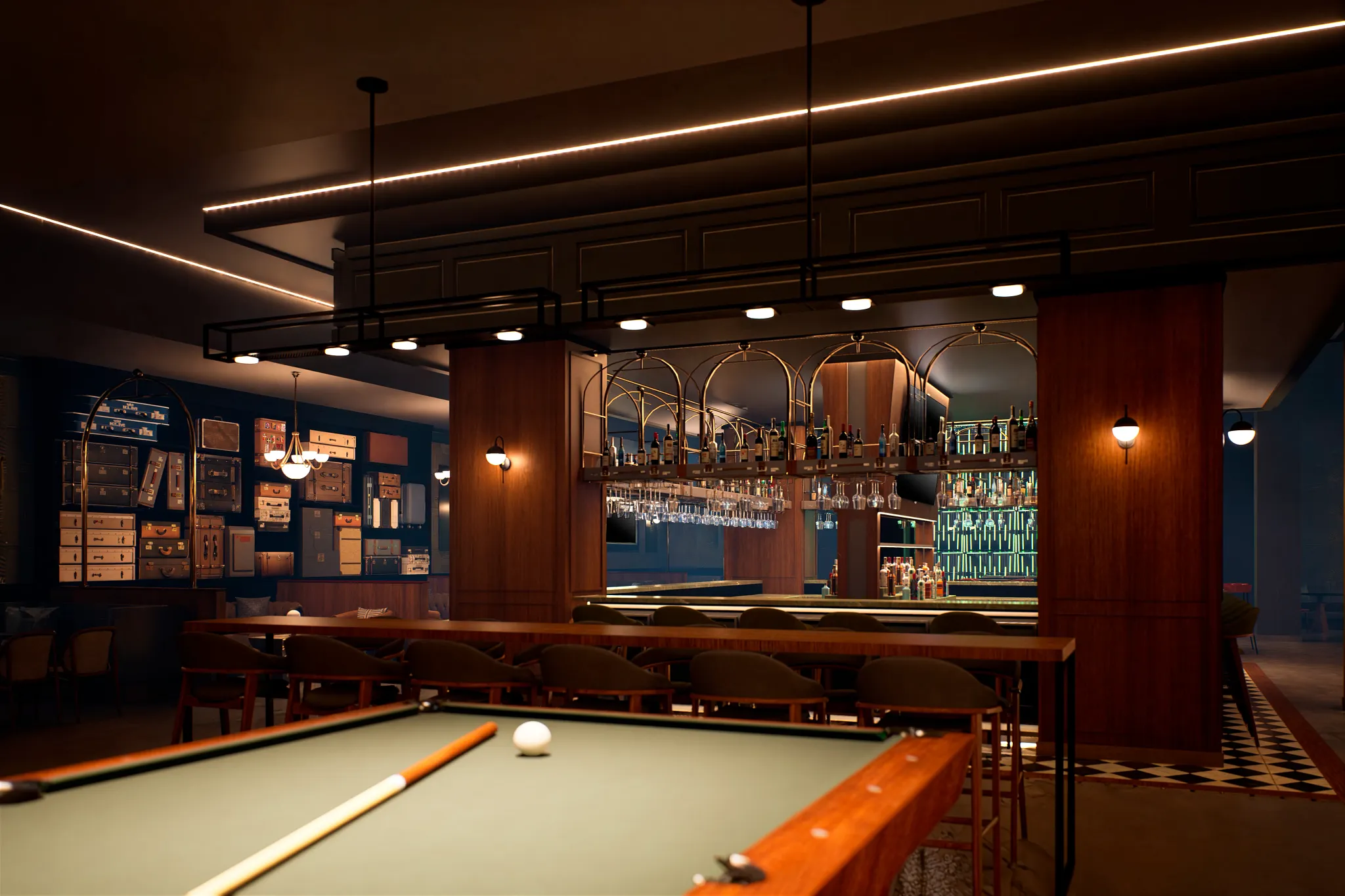 Luggage Room bar at Hyatt Vivid Punta Cana featuring a speakeasy-style setting, vintage travel décor, and an intimate cocktail lounge atmosphere.