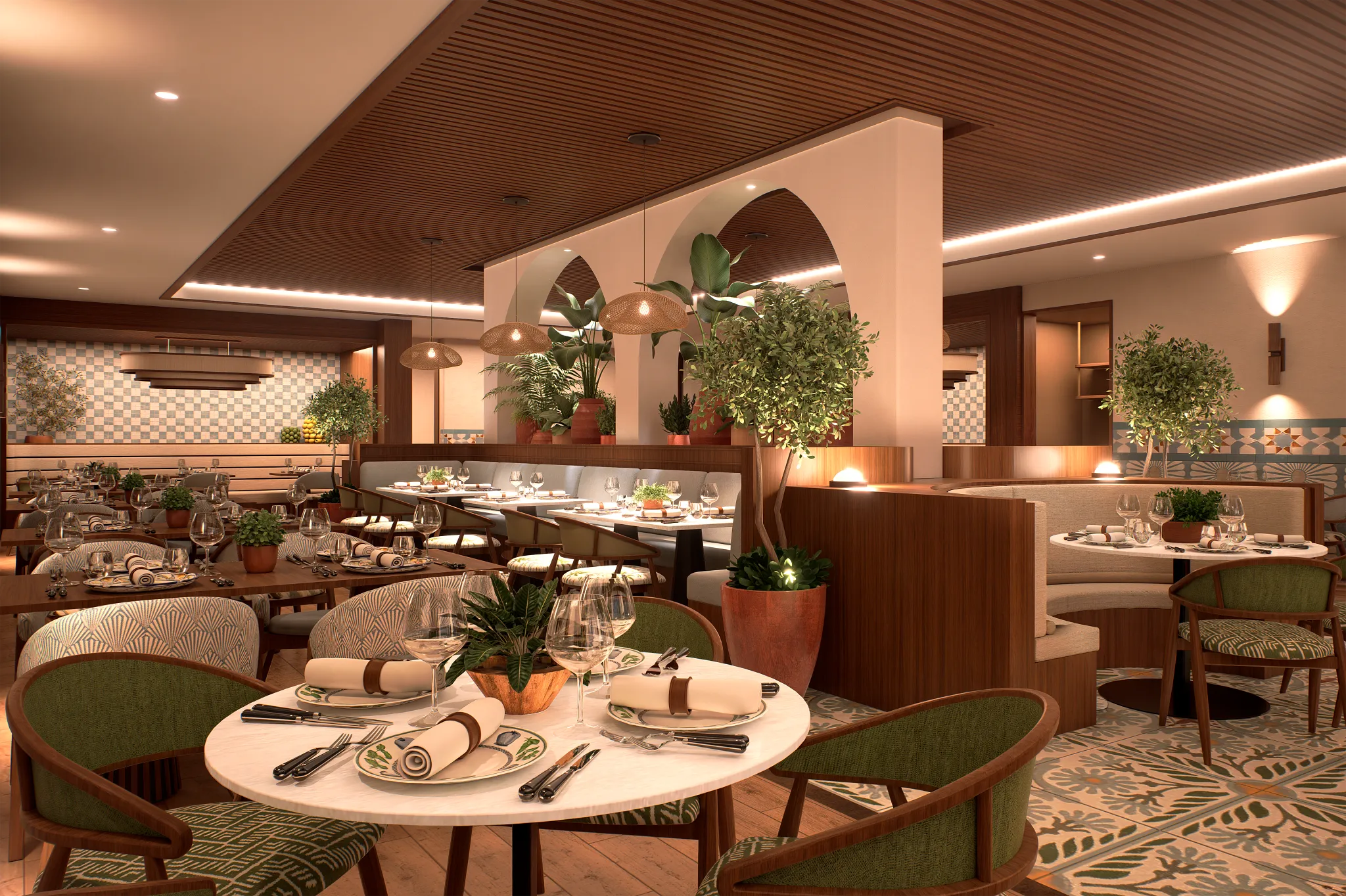 Olivo restaurant at Hyatt Vivid Punta Cana featuring Mediterranean-inspired décor, elegant dining space, and a warm, inviting atmosphere.