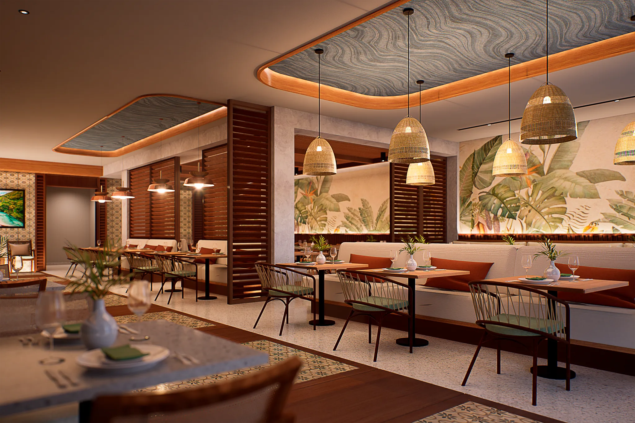 Roots & Thyme restaurant at Hyatt Vivid Punta Cana featuring a nature-inspired dining space, fresh ingredients, and a relaxed, modern atmosphere.